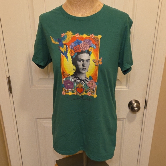 Port and Company Tops - Tropical Floral Green Frida Kahlo Graphic T-Shirt